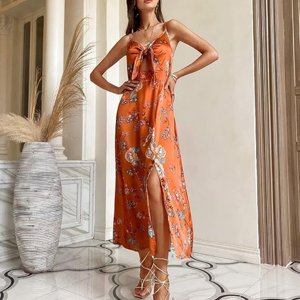 New Spaghetti Strap Midi Oriental Floral Print Mustard Dress